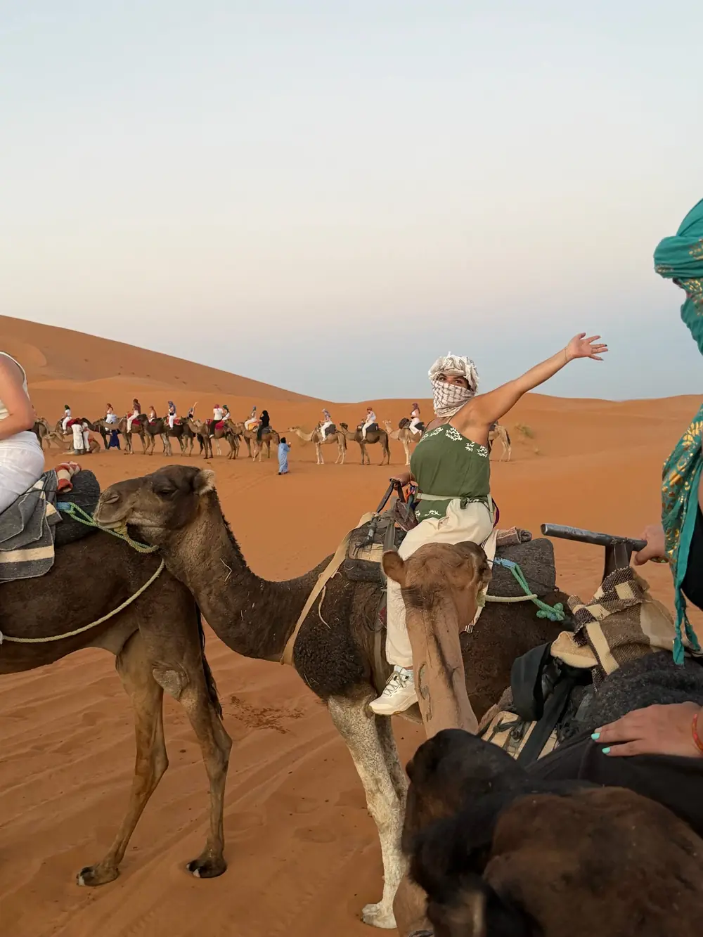 Camel caravan with Morocco Zaino travellers in the Sahara dunes