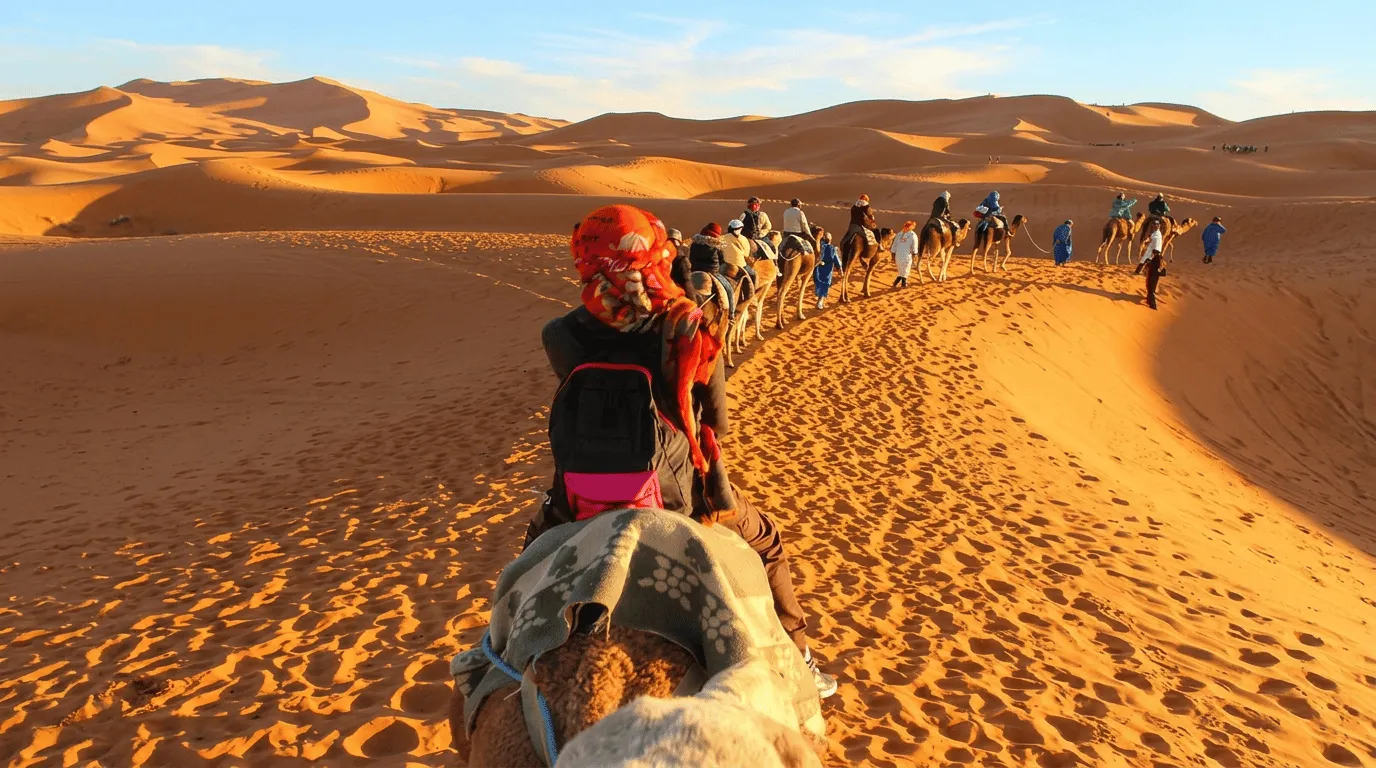 Camel caravan crossing the orange dunes of Erg Chebbi near Merzouga at sunset